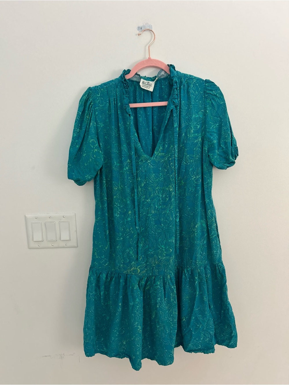 Go Fish Teal Tropical Print Tiered Mini Dress Puff Sleeve Rayon Size S Boho